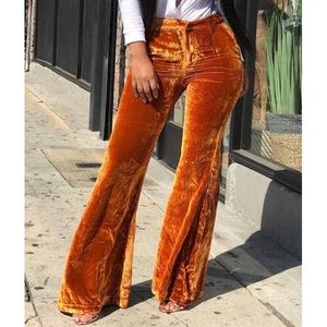Orange Velvet Flare Leg Pants